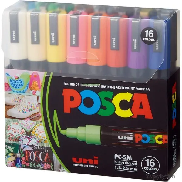 Uni-Ball Posca Marker, PC5M-16C, 1.8-2.5MM Tip Size, Assorted Colors, 16 Pcs/Set