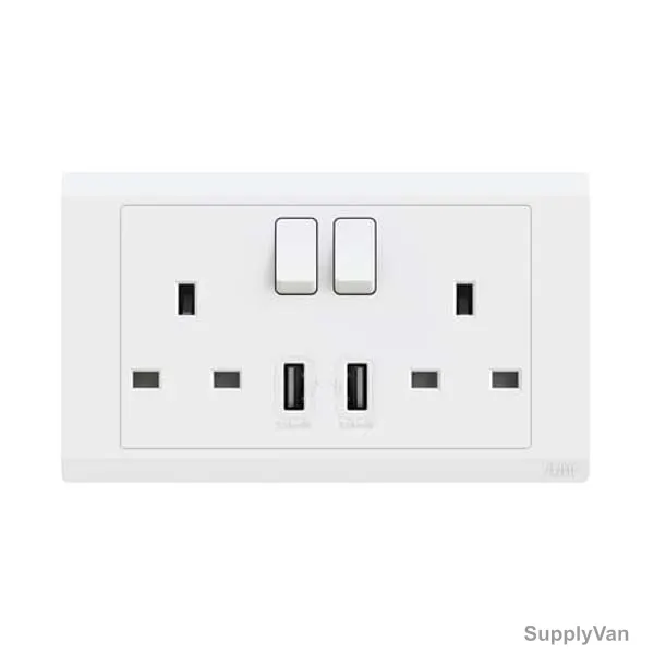 Abb Double Pole Switch Socket With USB, BL262, Inora, 2 Gang, 13A, White — image 1