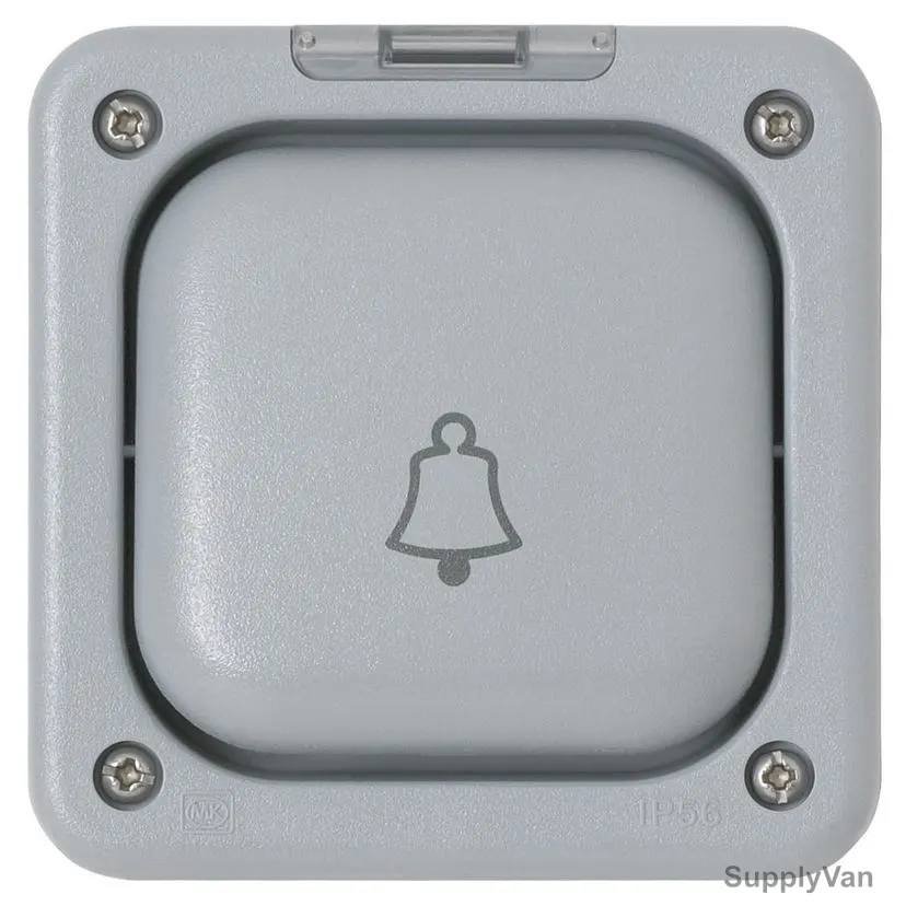 Mk Waterproof Push Button Switch With Neon And Bell Symbol, K56407GRY, Masterseal Plus, Polycarbonate, IP66, 1 Gang, 10A, Grey