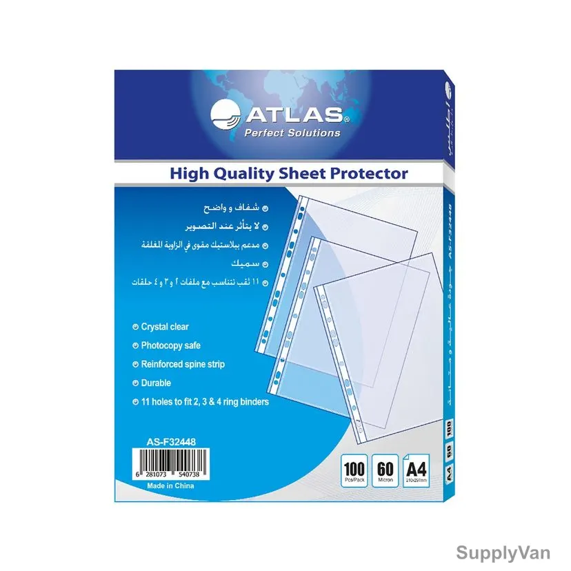Atlas Sheet Protector, AS-F32448, Polypropylene, A4, 60 Micron, Clear, 100 Pcs/Pack — image 1
