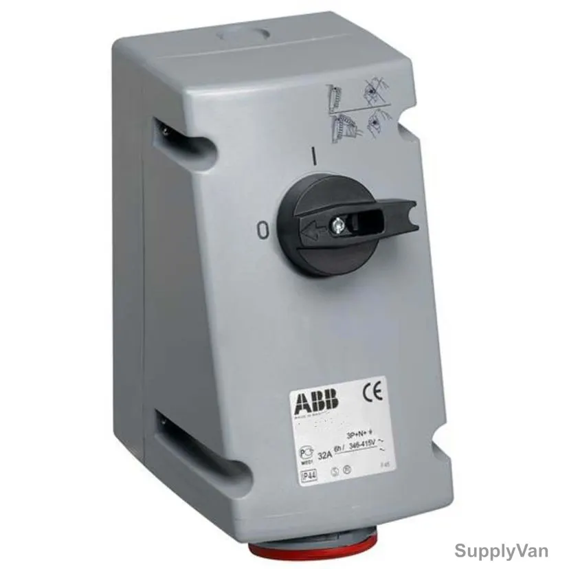 Abb Vertical Switched Interlocked Socket Outlet, 432MVS6W, 346-415V, IP67, 32A, 3P+N+E, Red