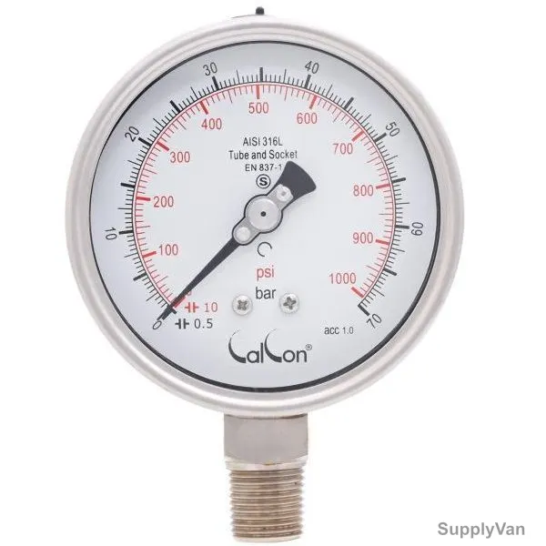 Calcon Pressure Gauge, CC20A, 100MM, 1/2 Inch, NPT, 0-70 Bar