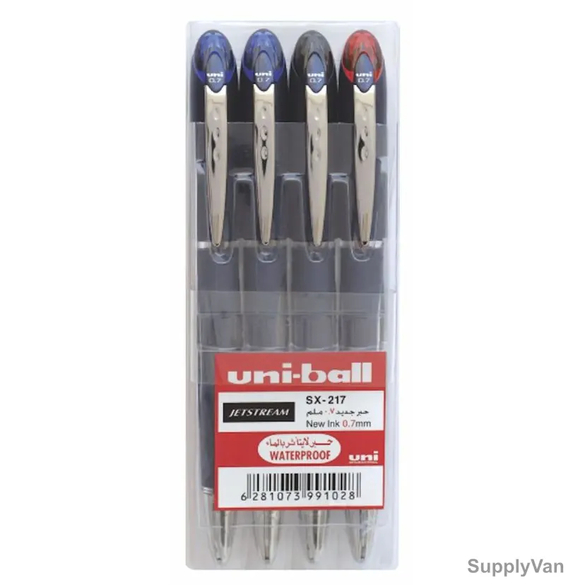 Uni-Ball Ball Point Pen, SX217-04C, Jetstream, 0.7MM Tip, Assorted Colors, 4 Pcs/Set