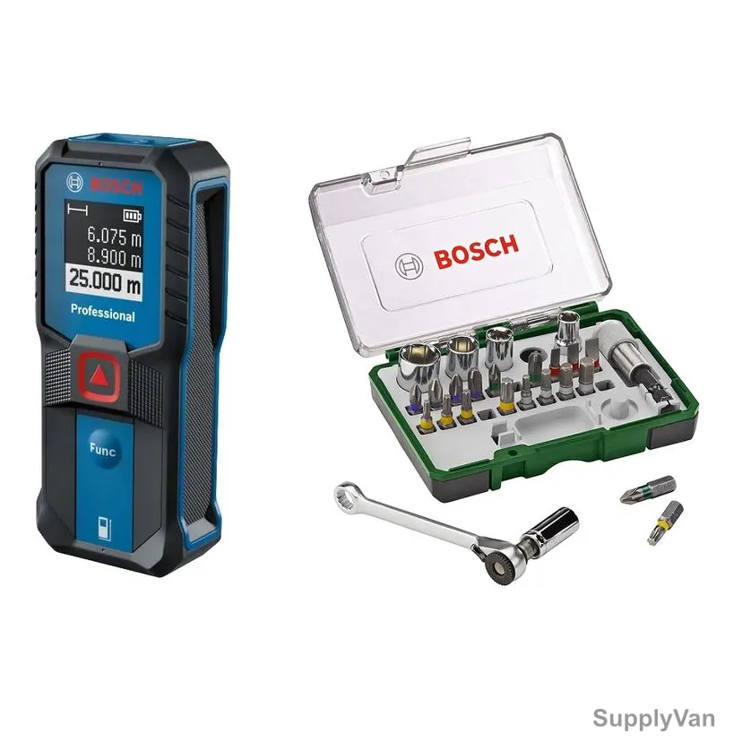 Bosch Professional Laser Measure With 27 Pcs Mini Ratchet Set, GLM-25-23, 1.5V, 25 Mtrs Range