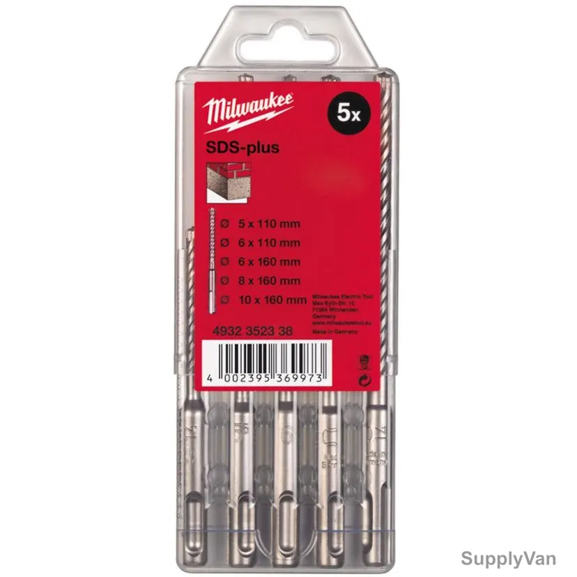 Milwaukee SDS-Plus Hammer Drill Bit Set, 4932352338, M2, 5 Pcs/Set