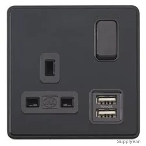 Mk Switch Socket W/ USB Port, MHFP044MBK+MH4354BLKC, 5V, 13A, 1 Gang, Matt Black