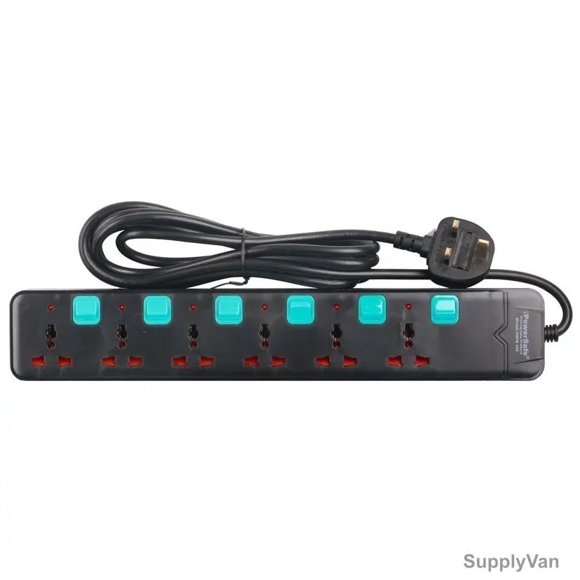 PowerSafe 6 Way Universal Extension Socket, PSPB 106, 3 Mtrs, 10A, Black