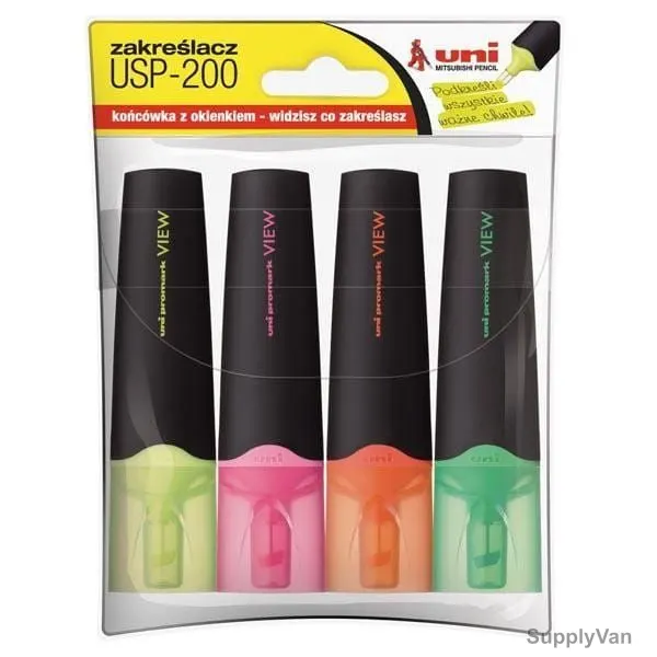 Uni-Ball Mega View Highlighter, USP200-04C, 5.0MM Tip Size, Assorted Colors, 4 Pcs/Set