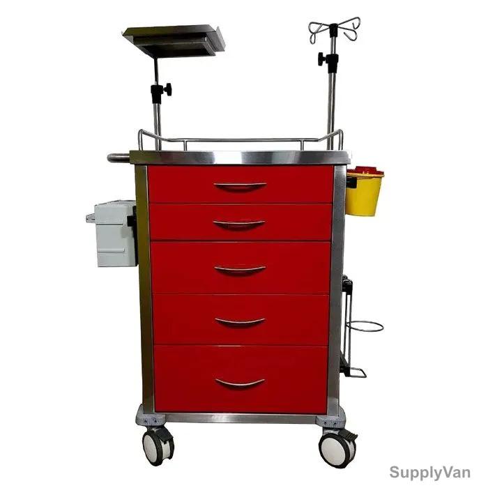 DP Metallic Medical Emergency Trolley, Stainless Steel, 5 Drawers, Silver/Red