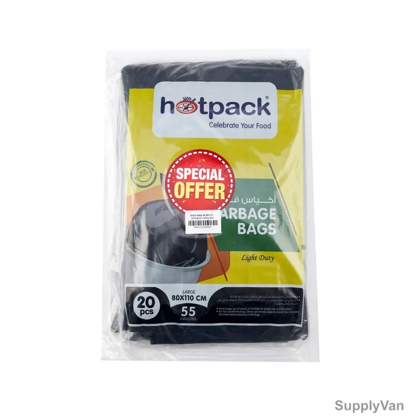 Hotpack Light Duty Garbage Bag, PPG80110X3, 55 Gallon, 80CM Width x 110CM Length, Black, 60 Pcs/Pack