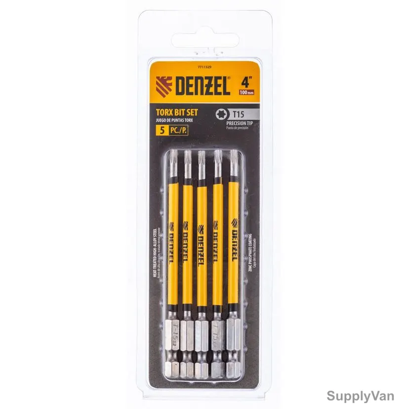 Denzel Torx Screwdriver Bit, 7711329, T15 x 4 Inch, 5 Pcs/Pack
