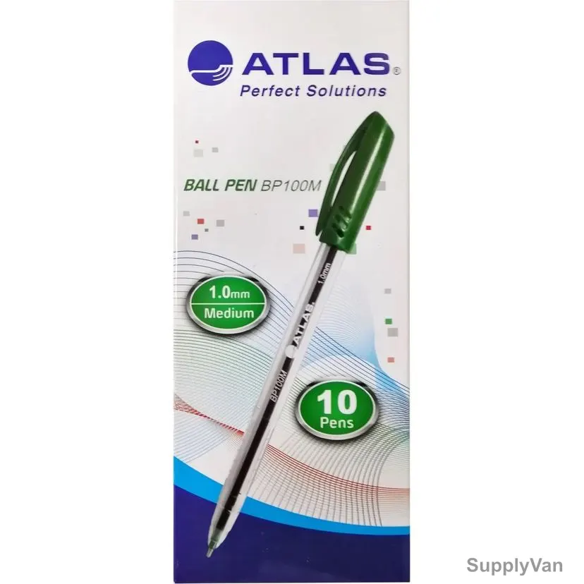 Atlas Ball Point Pen, AS-BP100M-GN, 1.0MM Tip, Green, 10 Pcs/Pack