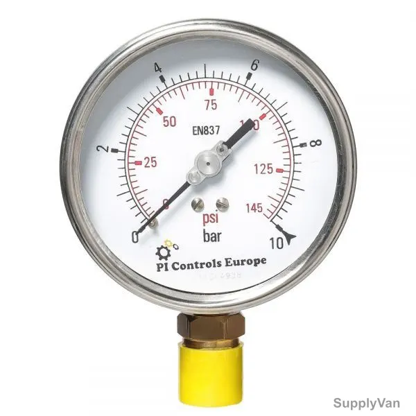 PI Controls Pressure Gauge, PG-100-R10-WF-BR, 100MM, 1/2 Inch, MNPT, 0-10 Bar