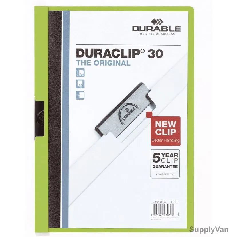 Durable Clip File Folder, 2200GR, Duraclip, A4, 30 Sheets, Green, 25 Pcs/Box