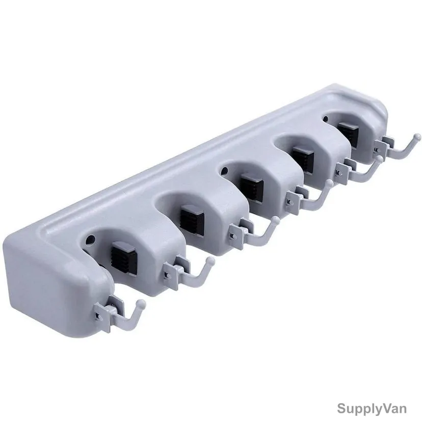 Wall Mounted Mop and Broom Holder, T56, ABS, 5 Slots, 6 Hooks, Grey — image 1