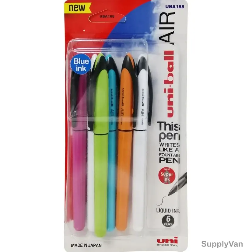 Uni-Ball Ball Point Pen, UBA188EL-M-06CL, Air Micro, 0.5MM Tip, Assorted Colors, 6 Pcs/Set