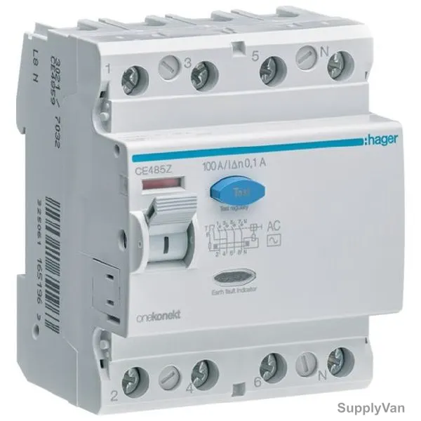 Hager Residual Current Circuit Breaker, CE485Z, Type AC, 4 Pole, 100mA, 100A