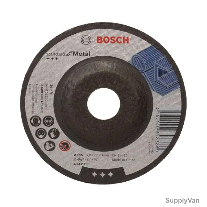 Bosch Metal Grinding Disc With Depressed Center, 2608603181, 6MM Thk, 22.23MM Bore Dia x 115MM Dia