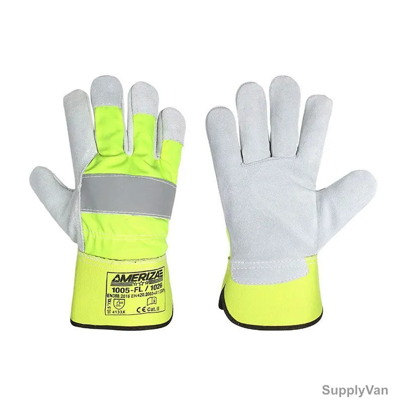 Ameriza Single Palm Rigger Gloves With Reflective, 1005-FL-1026, Leather, 10 Inch, Fluorescent Yellow/White, 12 Pairs/Pack