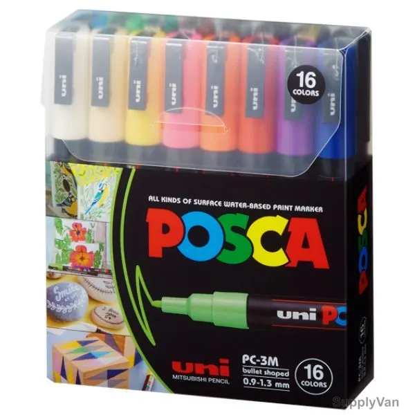 Uni-Ball Posca Marker, PC3M-16C, 0.9-1.3MM Tip Size, Assorted Colors, 16 Pcs/Set