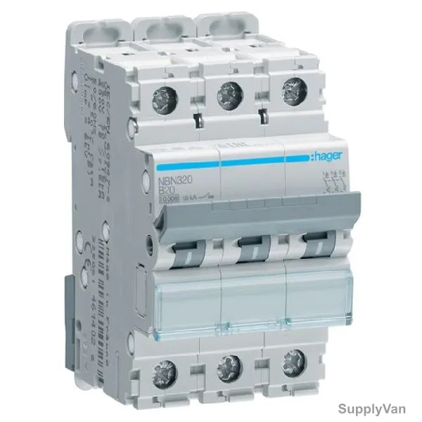Hager Miniature Circuit Breaker, NBN320N, B Curve, 3P, 20A, 400V