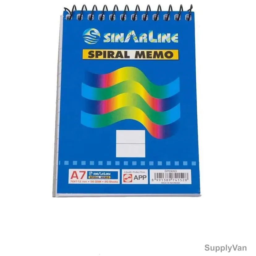 Sinarline Spiral Memo Notebook, SP03511BX, A7, 60 Gsm, 50 Sheets, 50 Pcs/Pack
