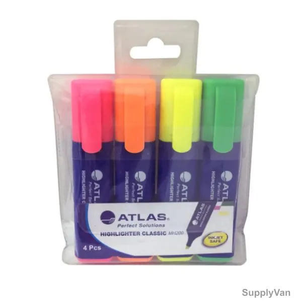 Atlas Highlighter, AS-MH200-04C, Assorted Colors, 4 Pcs/Set
