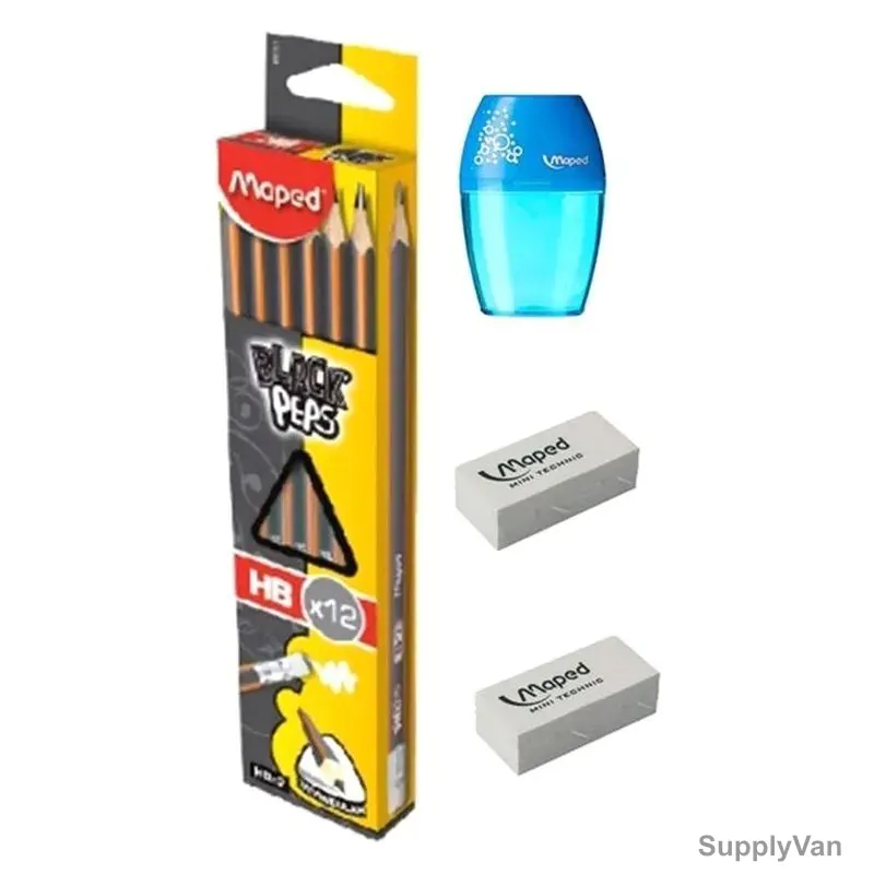 Maped Black'Peps Pencil Set With Sharpener and Eraser, MDP-VP-054, White/Blue, 15 Pcs/Set
