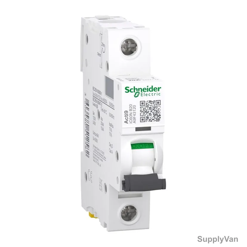 Schneider Electric Miniature Circuit Breaker, A9F43120, Acti9 iC60N, 1P, Curve B, 20A