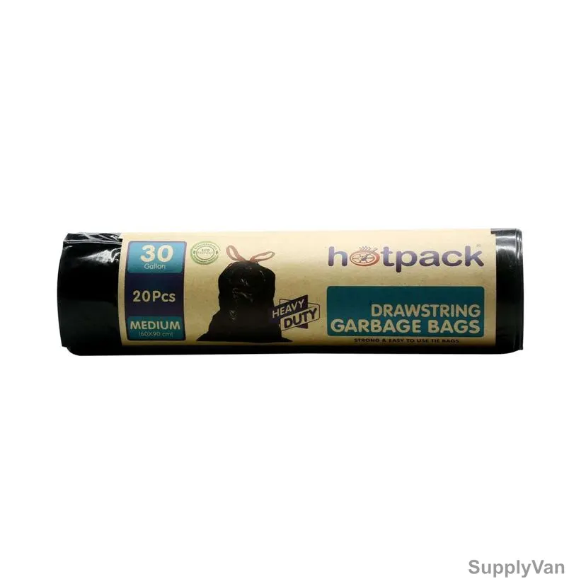 Hotpack Heavy Duty Drawstring Garbage Bag, HSMTBBR6090, 30 Gallon, 60CM Width x 90CM Length, Black, 20 Bags/Roll