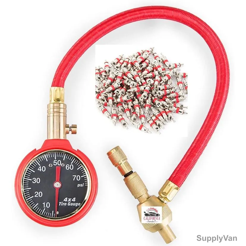 California Formula-T Tire Inflator Deflator With Pressure Gauge And Valve Core, 200 PSI, 101 Pcs/Kit