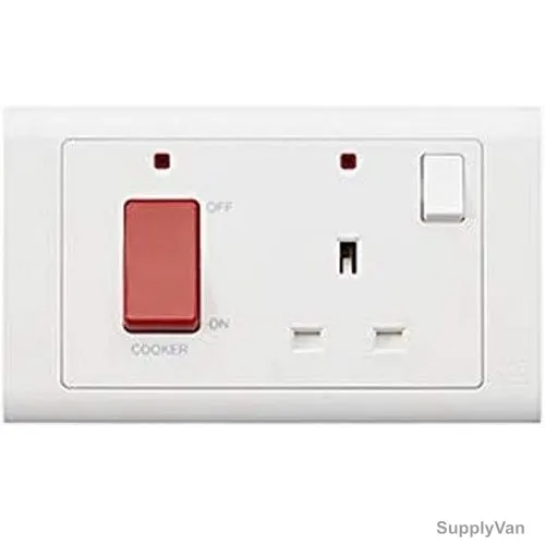 Mk DP Cooker Switched Socket Outlet With Neon, MV5061WHI, Essential, Polycarbonate, 2 Gang, 45A/13A, White