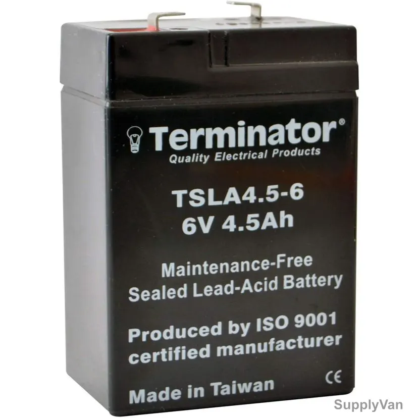 Terminator Rechargeable Sealed Lead Acid Battery, TSLA-4-5-6, 6V, 4.5Ah