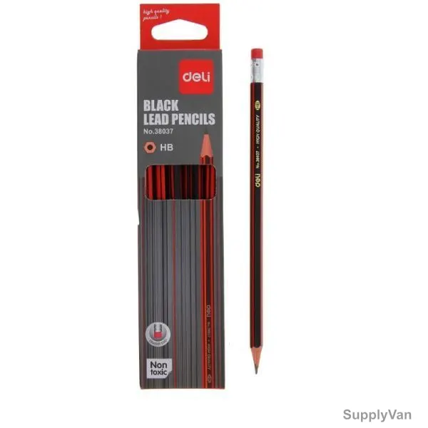 Deli Wooden HB Pencil With Eraser, E38037, Red/Golden, PK12