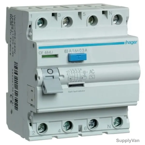 Hager Residual Current Circuit Breaker, CF464J, Type AC, 4P, 300mA, 63A