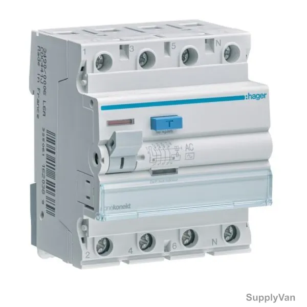 Hager Residual Current Circuit Breaker, CDC464J, 4P, 30 mA, 63A
