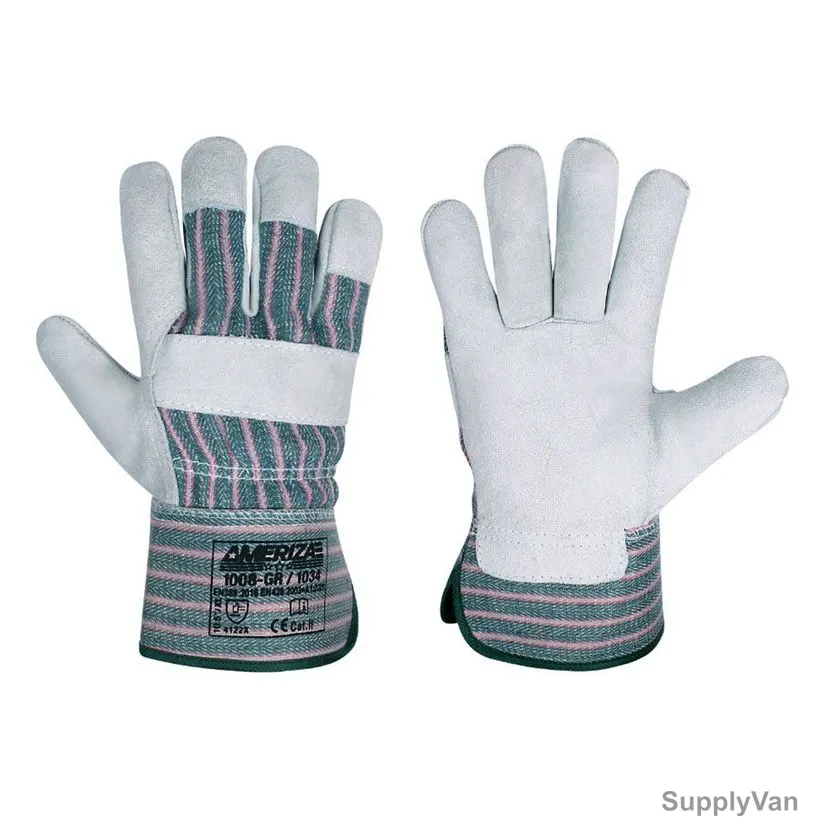 Ameriza Single Palm Striped Rigger Gloves, 1008E-GR-1034, Leather, 10.5 Inch, Green/White, 12 Pairs/Pack