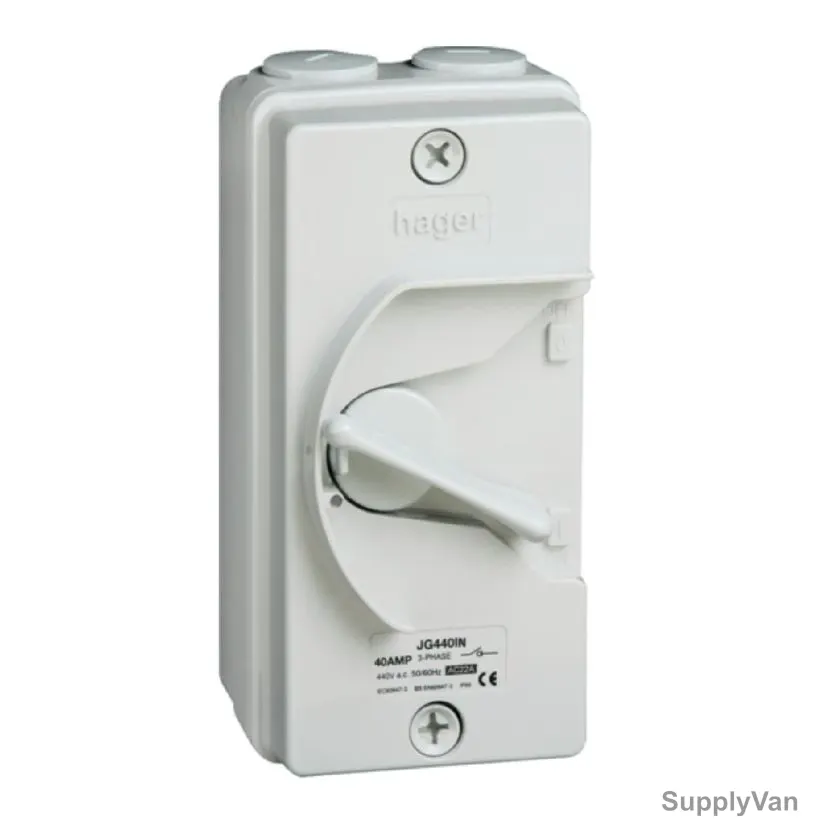 Hager Enclosed Weatherproof Isolator, JG240IN, 2P, IP66, 40A