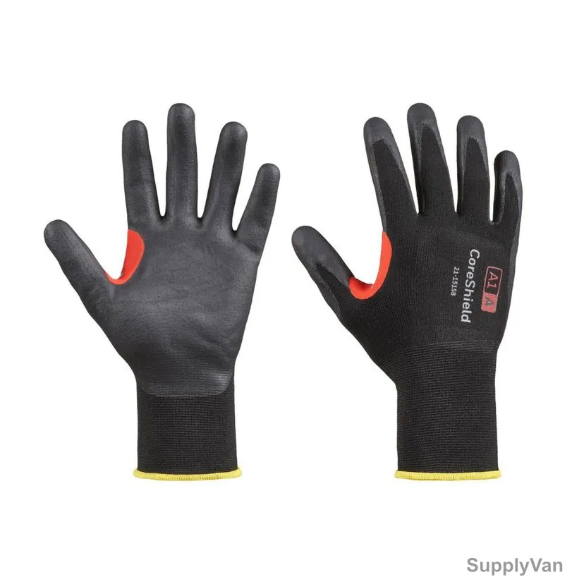 Honeywell Dipped Cut-Resistant Gloves, 21-1515B-8M, CoreShield, A1/A Cut, Nylon, Size8, Black