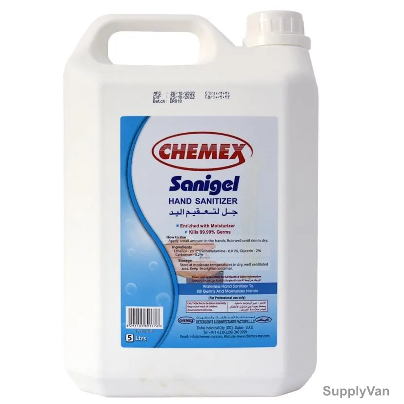 Chemex Sanigel Hand Sanitizer, Liquid, 5 Ltrs, 4 Pcs/Pack