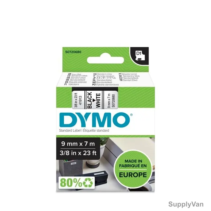 Dymo D1 Label Printer Tape, S0720680, 9MM Width x 7 Mtrs Length, Black On White