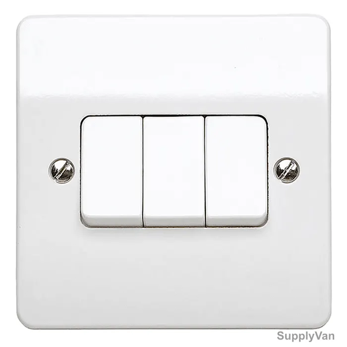 Mk Single Pole Wide Rocker Switch, MV4789W1WHI, Essential, Polycarbonate, 3 Gang, 1 Way, 20AX, White