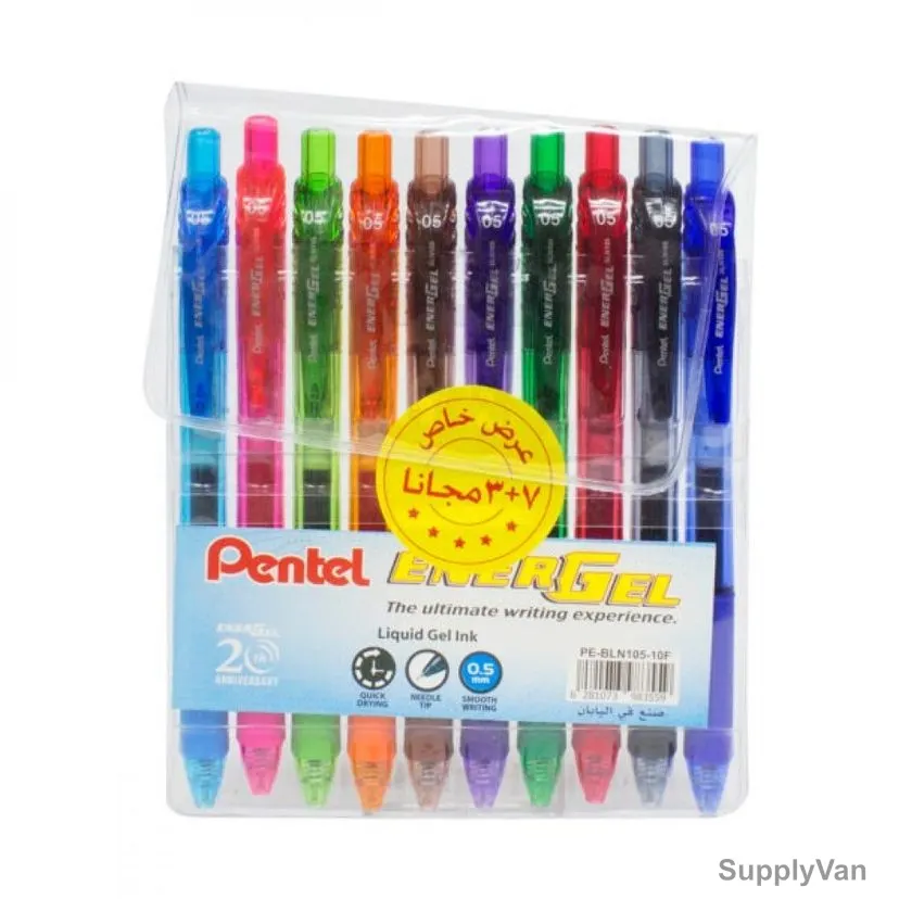 Pentel Energel-X Needle Gel Roller Pen, PE-BLN105-10F, 0.5MM Tip, Assorted Colors, 10 Pcs/Set