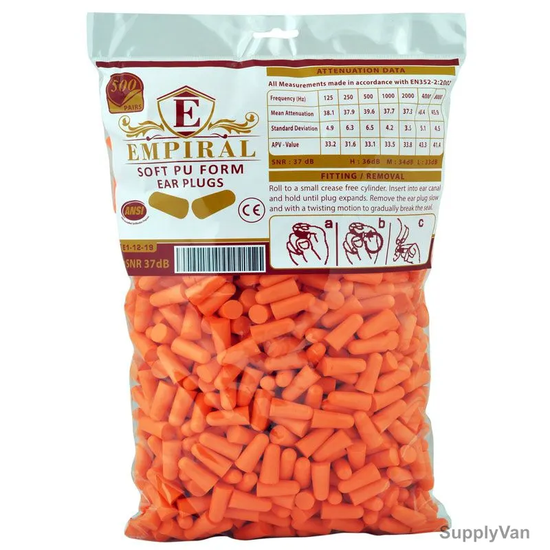 Empiral Earplug, E112190623, Polyurethane, Orange, 500 Pairs