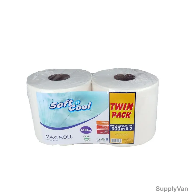 Hotpack Paper Maxi Roll, PASNCMR1WTP, Soft n Cool, 1 Ply, 300 Mtrs, White, Twin Pack