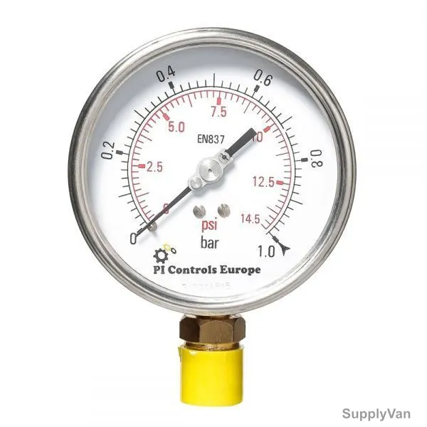 PI Controls Pressure Gauge, PG-100-R1-WL-BR, 100MM, 1/2 Inch, MNPT, 0-1 Bar