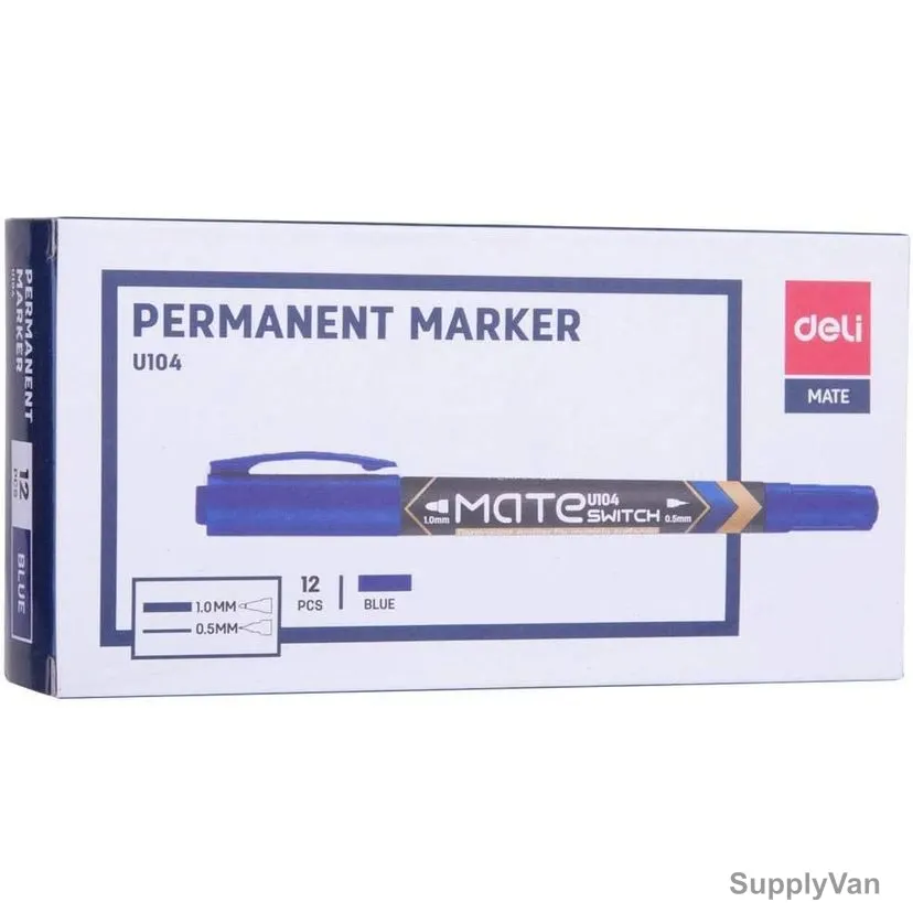 Deli Twin Tip Permanent Marker, EU10430, 0.5/1.0MM Tip Size, Blue, 12 Pcs/Pack