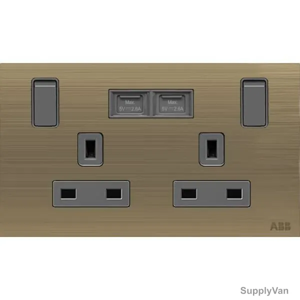 ABB Single Pole Switched Socket With USB Charger, AM235147-AG, Millenium, 2 Gang, 13A, Antique Gold
