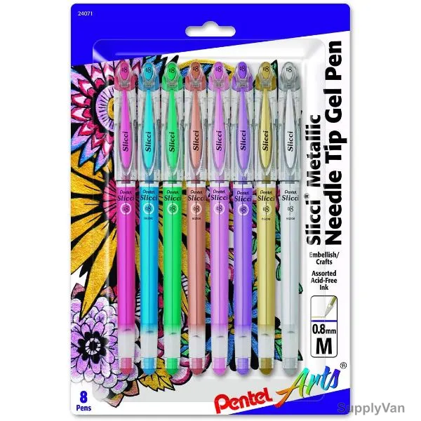Pentel Slicci Gel Roller Pen Set, PE-BG208M-08, 0.8MM Tip, Assorted Colors, 8 Pcs/Set