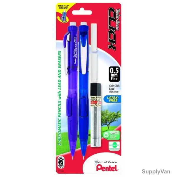 Pentel Twist Eraser Click Mechanical Pencil With Lead, PEP-PACK-069, 0.5MM, Blue, 2 Pcs/Set